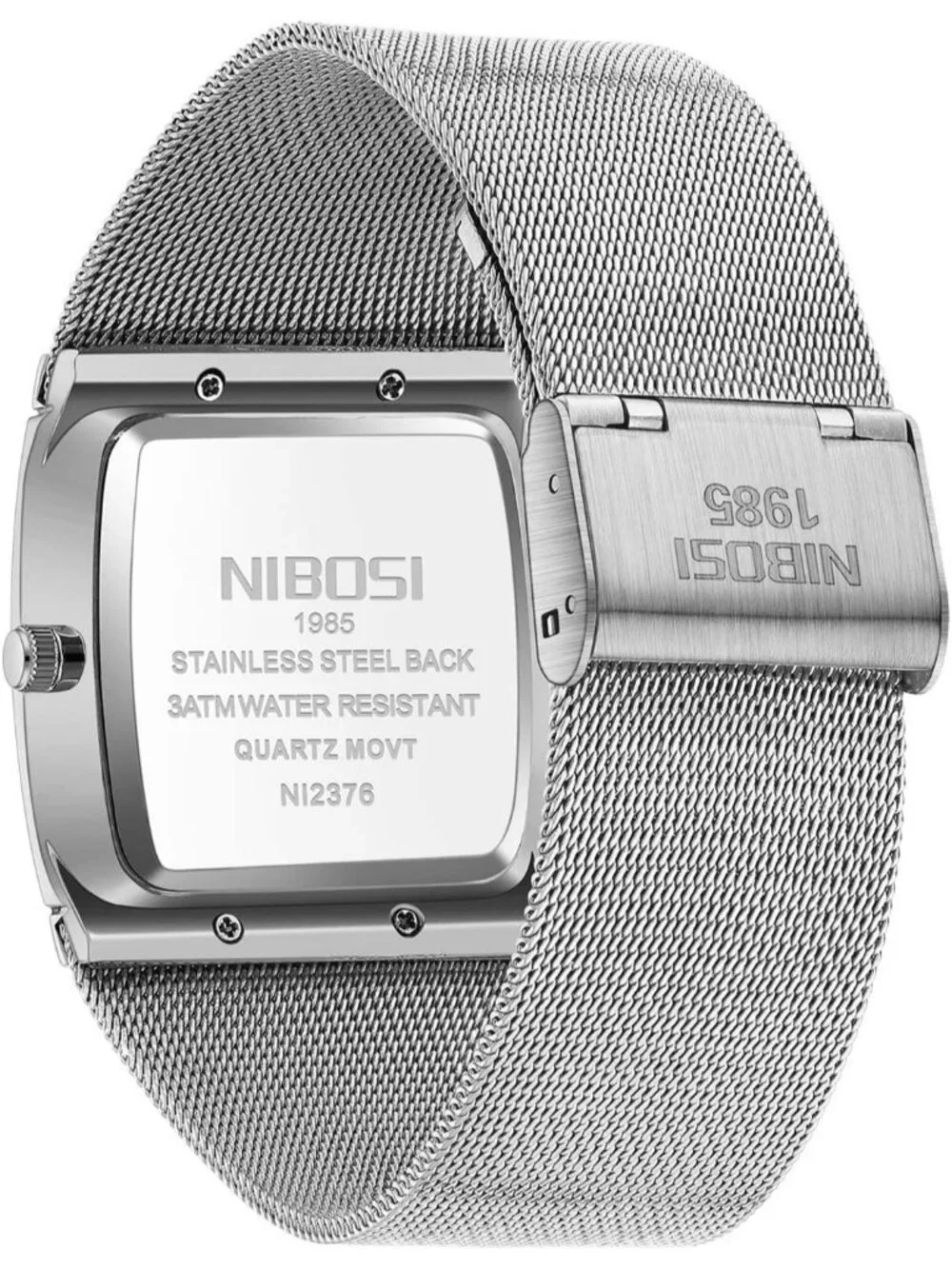 Nibosi Men's Silver Blue Square Analog Quartz Stainless Mesh Waterproof Watch